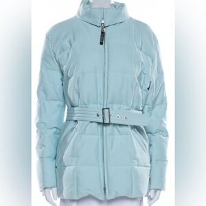 Bogner powder blue down puffer jacket parka with belt